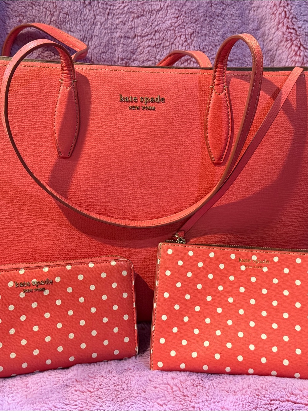 kate spade coral tote with polka dot wallet set